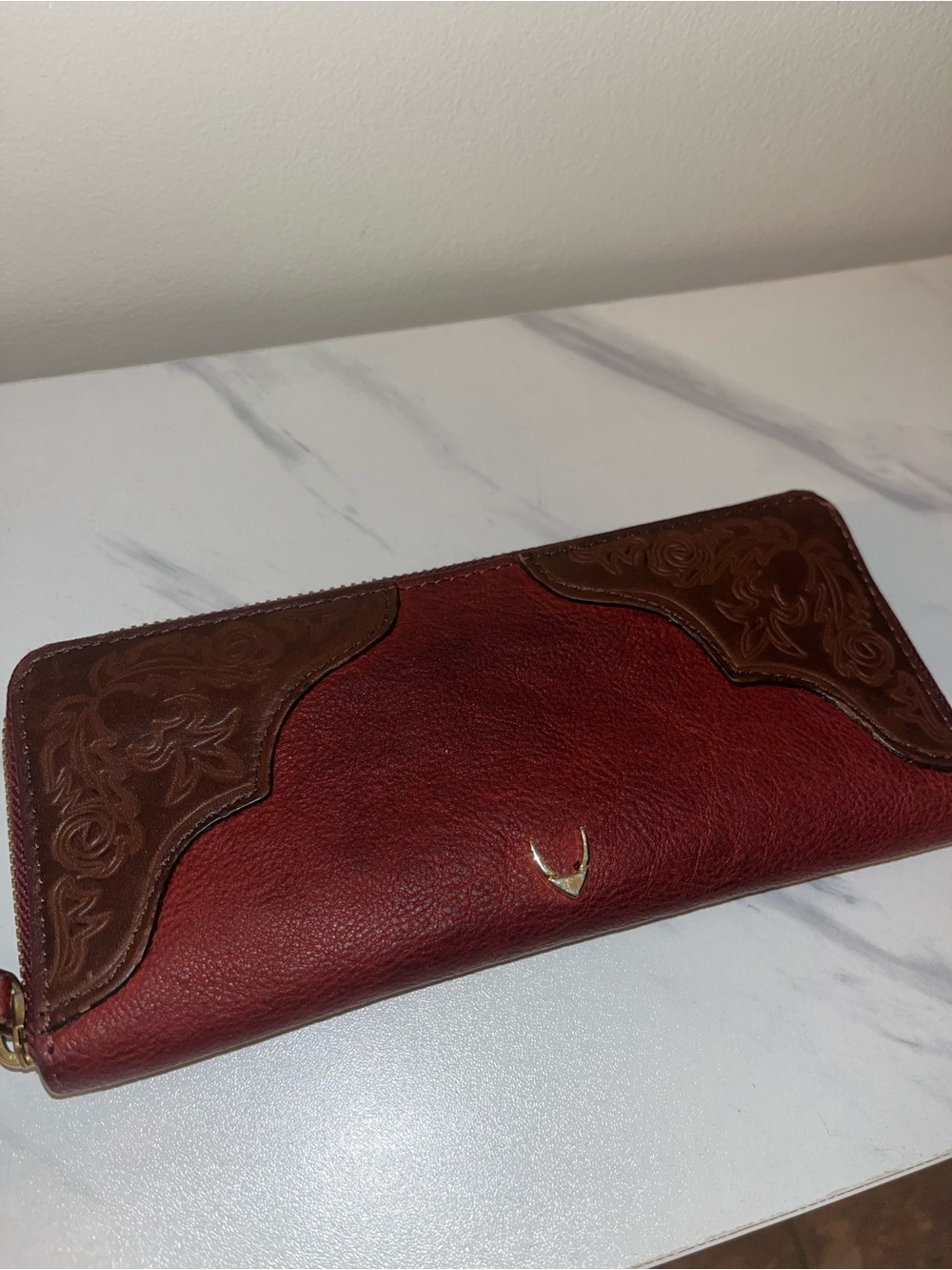 Hidesign Belle Star W1 Leather Wallet Red Brown Zip Around Card Holder ID EUC
